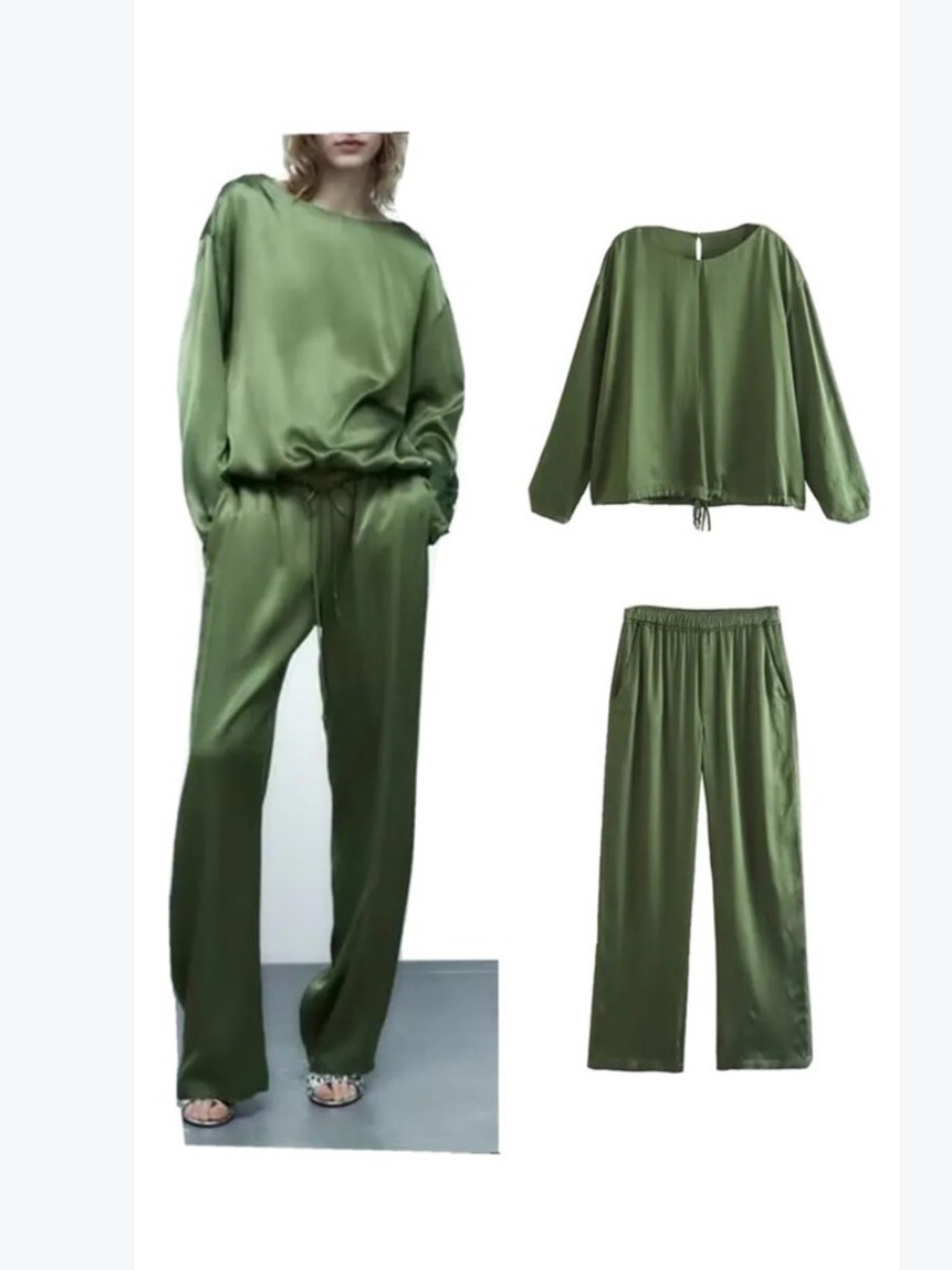 Zara Olive Green Satin Wide-Leg Pants & Top drawstring  Set